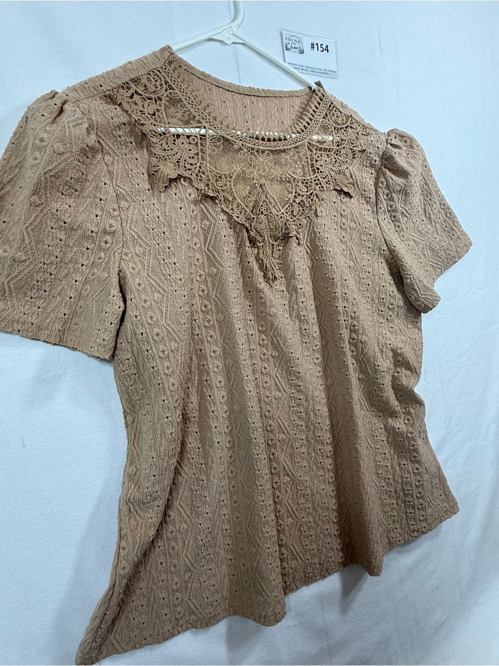 Source Unknown Tan Eyelet Blouse with Lace Yoke